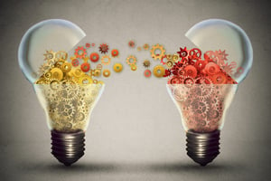 Idea exchange concept. Ideas agreement Investing in business innovation and financial commerce backing of creativity. Open lightbulb icon with gear mechanisms. Funding potential innovative growth