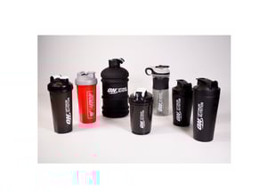 An assortement of Novelli designed O.N. branded protein shakers