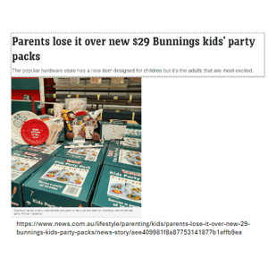 News article about the Bunnings birthday party pack
