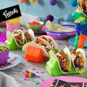 Farrahs tacos in plastic taco truck holders